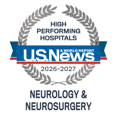 U.S. News High Performing Hospitals badge for Neurology and Neurosurgery, 2026–2027, framed by a laurel wreath.