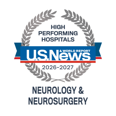 U.S. News High Performing Hospitals badge for Neurology and Neurosurgery, 2026–2027, framed by a laurel wreath.